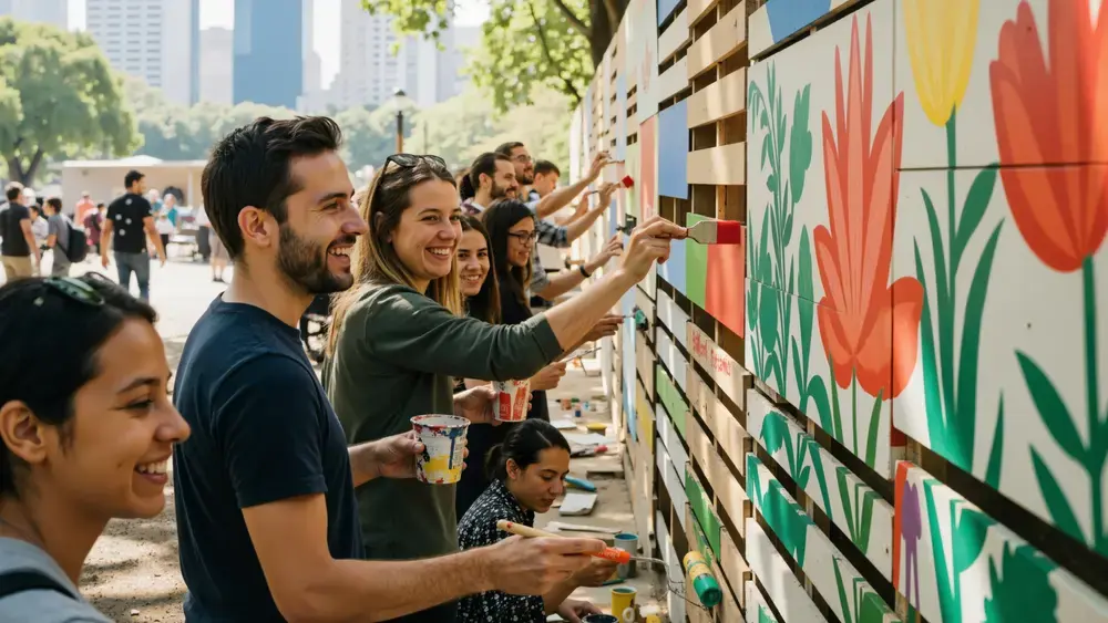 Une communauté peint une murale de fleurs colorées en plein air.