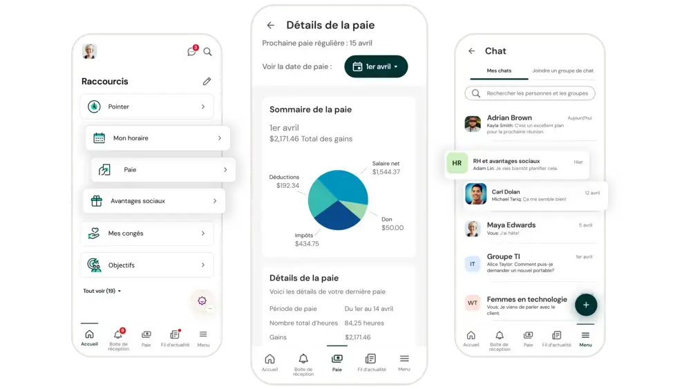 Mobile app screens showing financial data and chat.