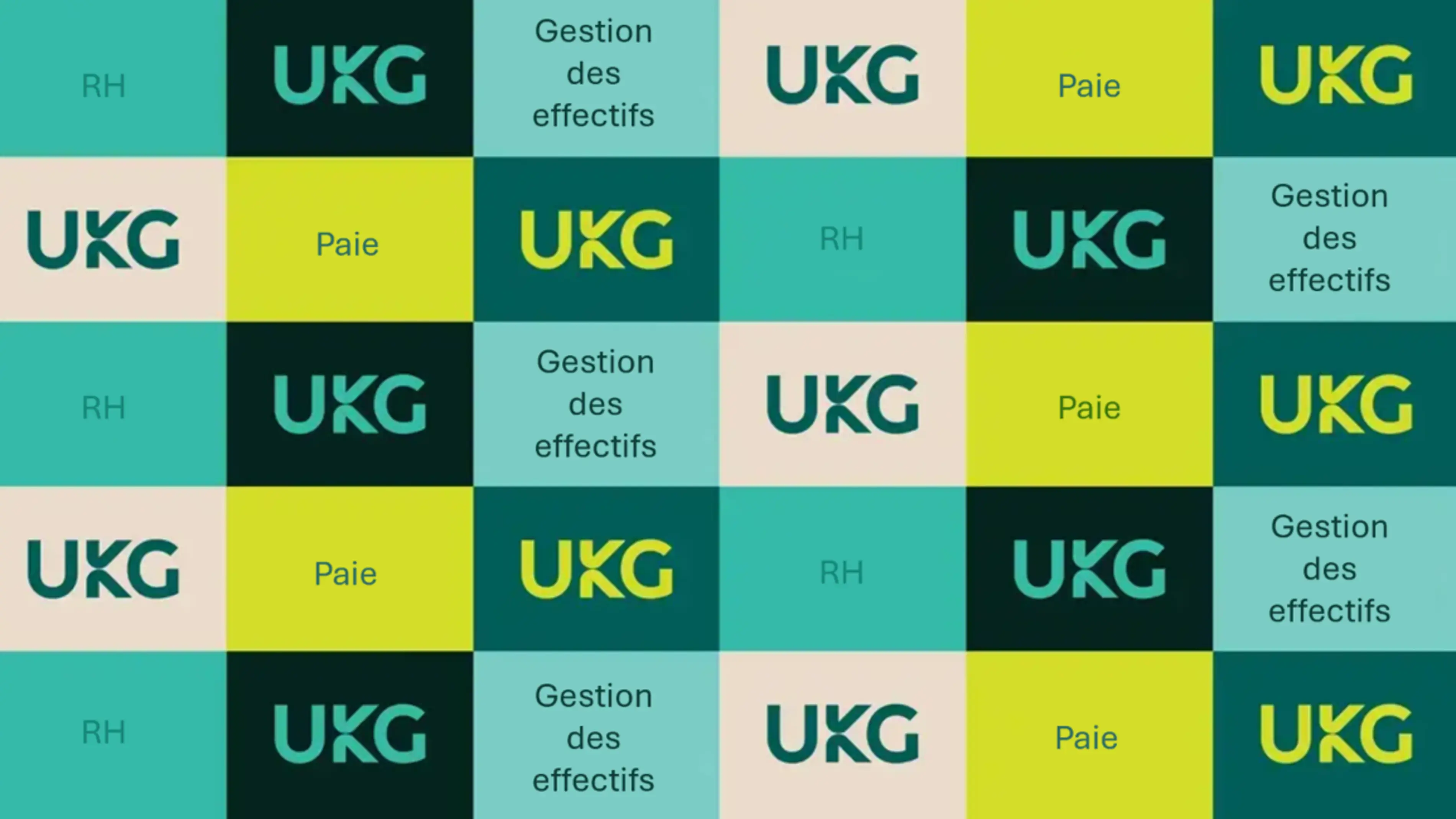 UKG et des cases de texte disposées en grille, contenant des mots comme “RH” et “Paie”. 