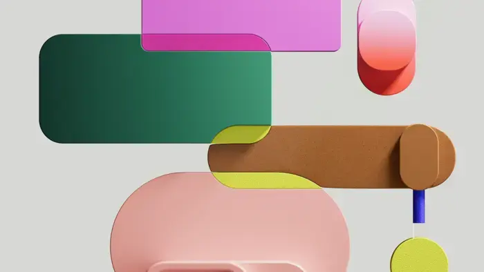 Graphisme abstrait composé de formes colorées superposées.