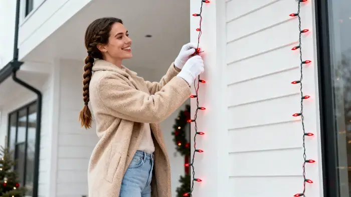 Une femme accroche des guirlandes lumineuses rouges sur une maison blanche.