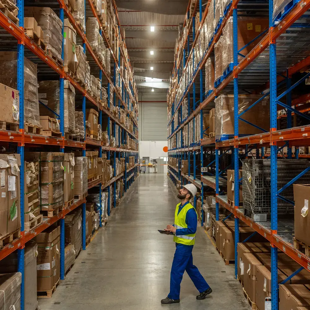 Employé d'entrepôt vérifiant les stocks sur les étagères.