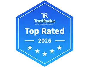 Un hexagone bleu du logo TrustRadius Top Rated 2024.